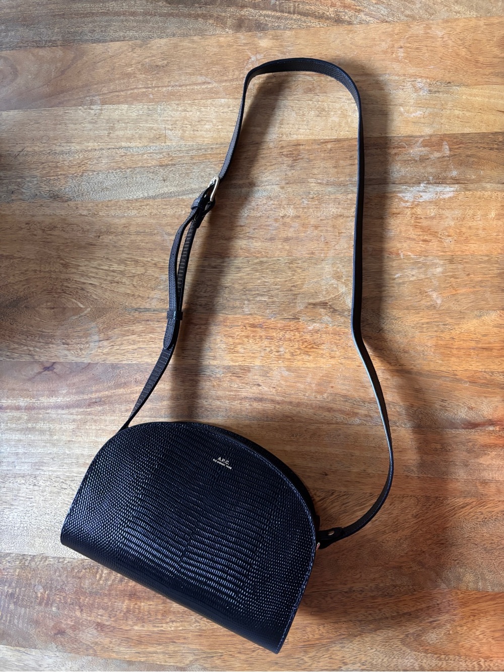 A.P.C. Demi-Lune Croc Embossed Leather Crossbody Bag Black